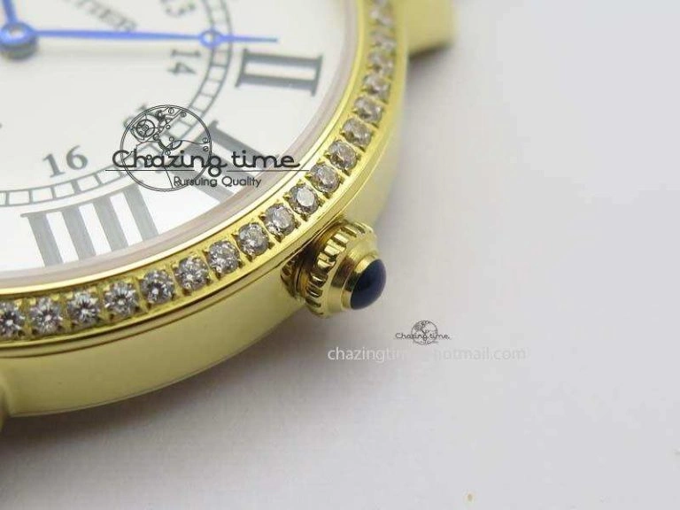 Ronde Louis Cartier YG UT Best Edition White Dial Diamond Bezel On Black Leather Strap