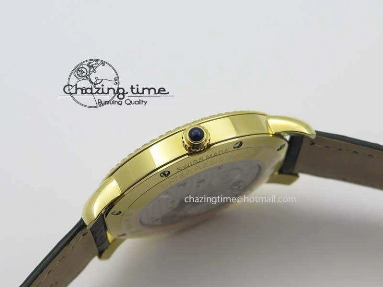 Ronde Louis Cartier YG UT Best Edition White Dial Diamond Bezel On Black Leather Strap