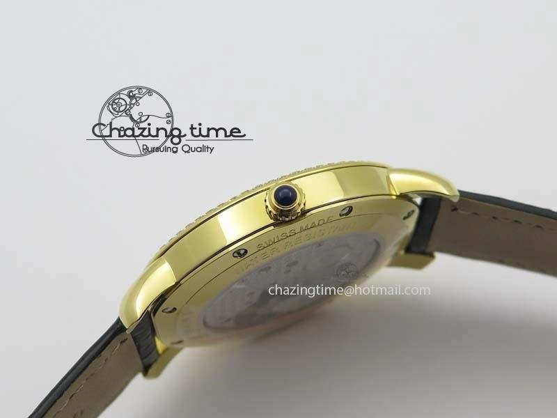 Ronde Louis Cartier YG UT Best Edition White Dial Diamond Bezel On Black Leather Strap