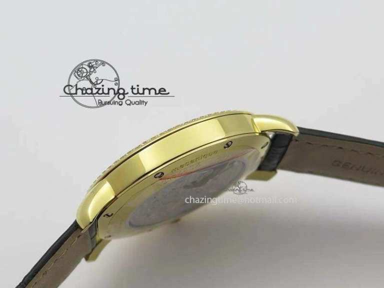 Ronde Louis Cartier YG UT Best Edition White Dial Diamond Bezel On Black Leather Strap