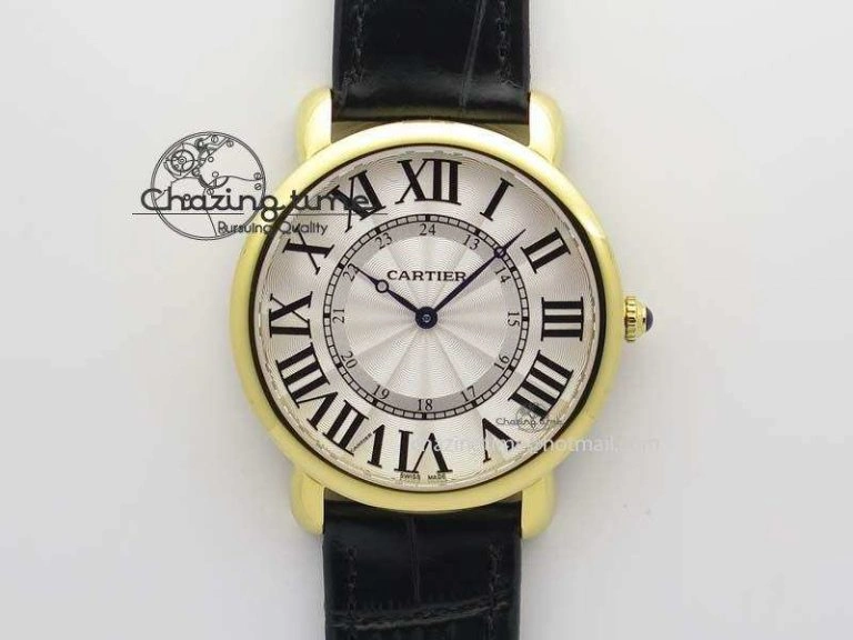Ronde Louis Cartier YG UT Best Edition White Dial On Black Leather Strap
