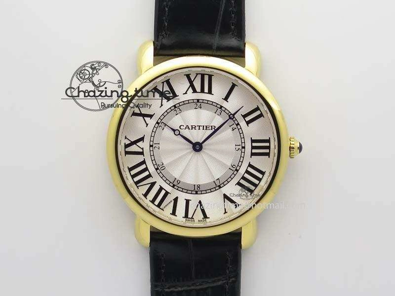 Ronde Louis Cartier YG UT Best Edition White Dial On Black Leather Strap