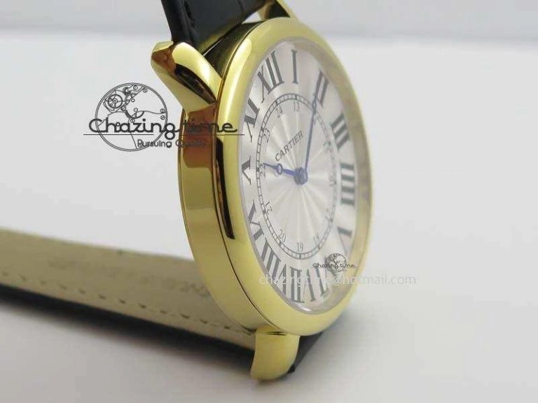 Ronde Louis Cartier YG UT Best Edition White Dial On Black Leather Strap