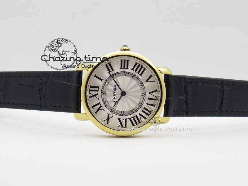Ronde Louis Cartier YG UT Best Edition White Dial On Black Leather Strap
