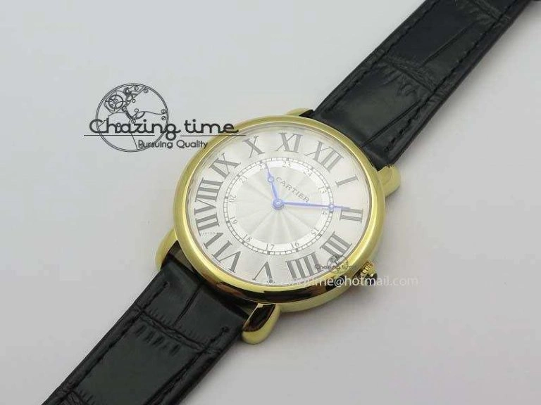 Ronde Louis Cartier YG UT Best Edition White Dial On Black Leather Strap