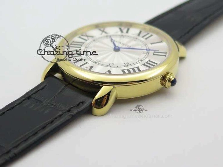 Ronde Louis Cartier YG UT Best Edition White Dial On Black Leather Strap