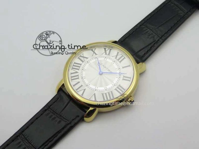 Ronde Louis Cartier YG UT Best Edition White Dial On Black Leather Strap