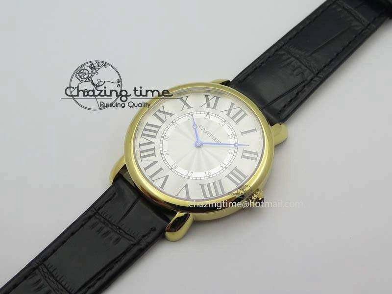 Ronde Louis Cartier YG UT Best Edition White Dial On Black Leather Strap