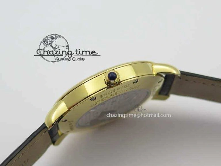Ronde Louis Cartier YG UT Best Edition White Dial On Black Leather Strap