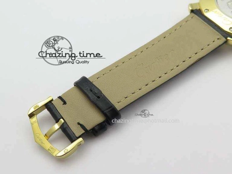 Ronde Louis Cartier YG UT Best Edition White Dial On Black Leather Strap