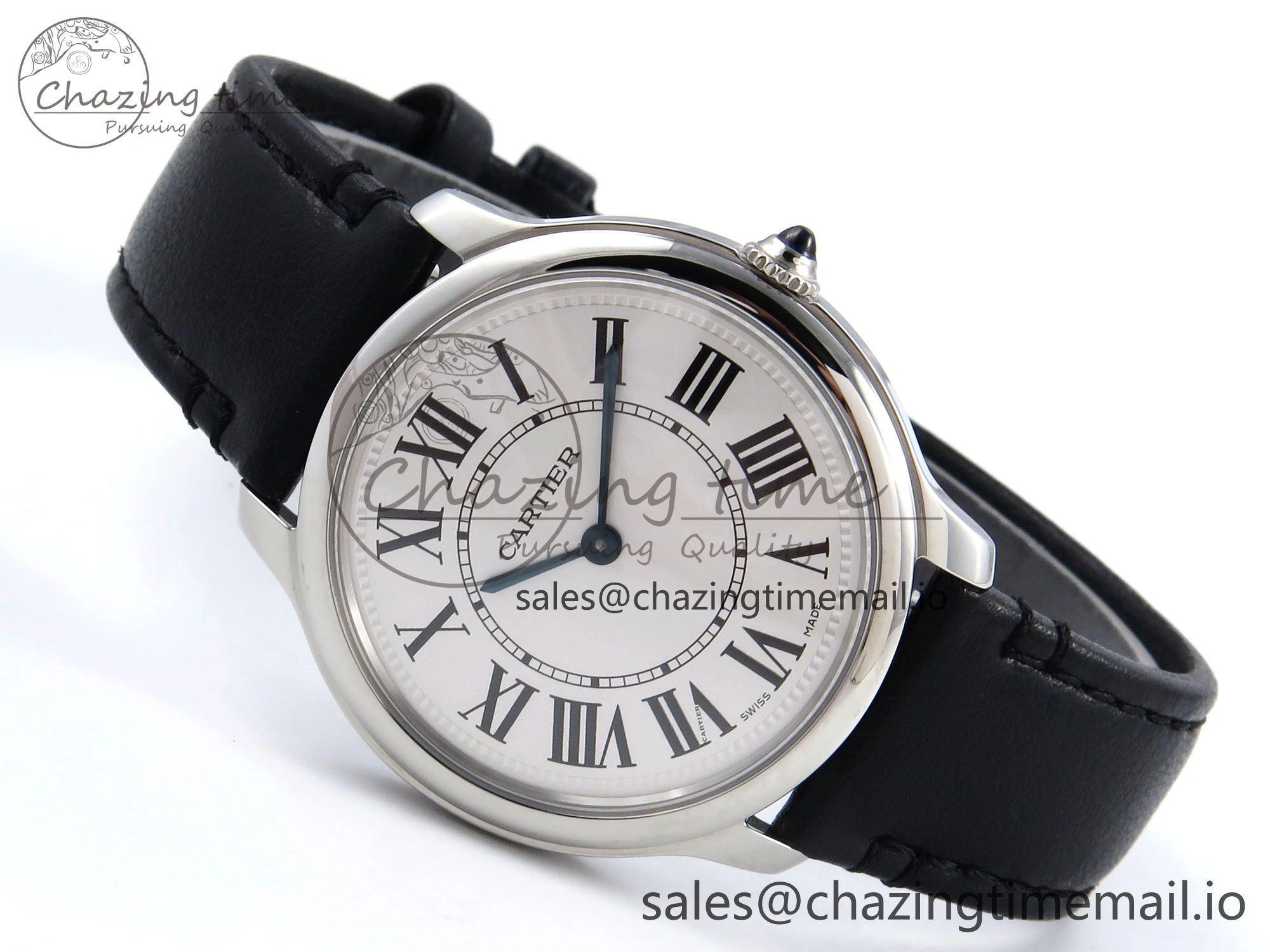 Ronde Must De Cartier 36mm DRF 1:1 Best Edition Sandblasted Silver-Plated White Dial on Black Leather Strap Ronda Quartz