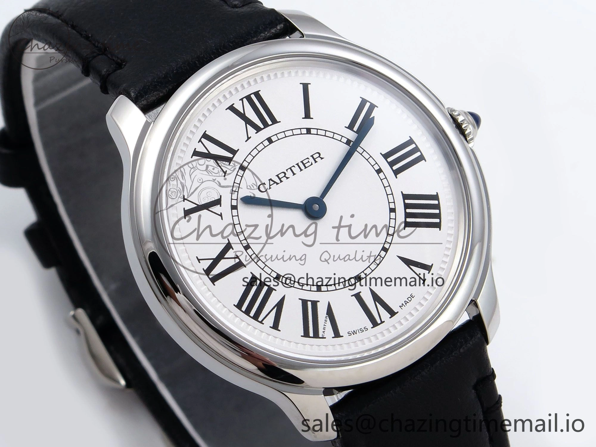 Ronde Must De Cartier 36mm DRF 1:1 Best Edition Sandblasted Silver-Plated White Dial on Black Leather Strap Ronda Quartz
