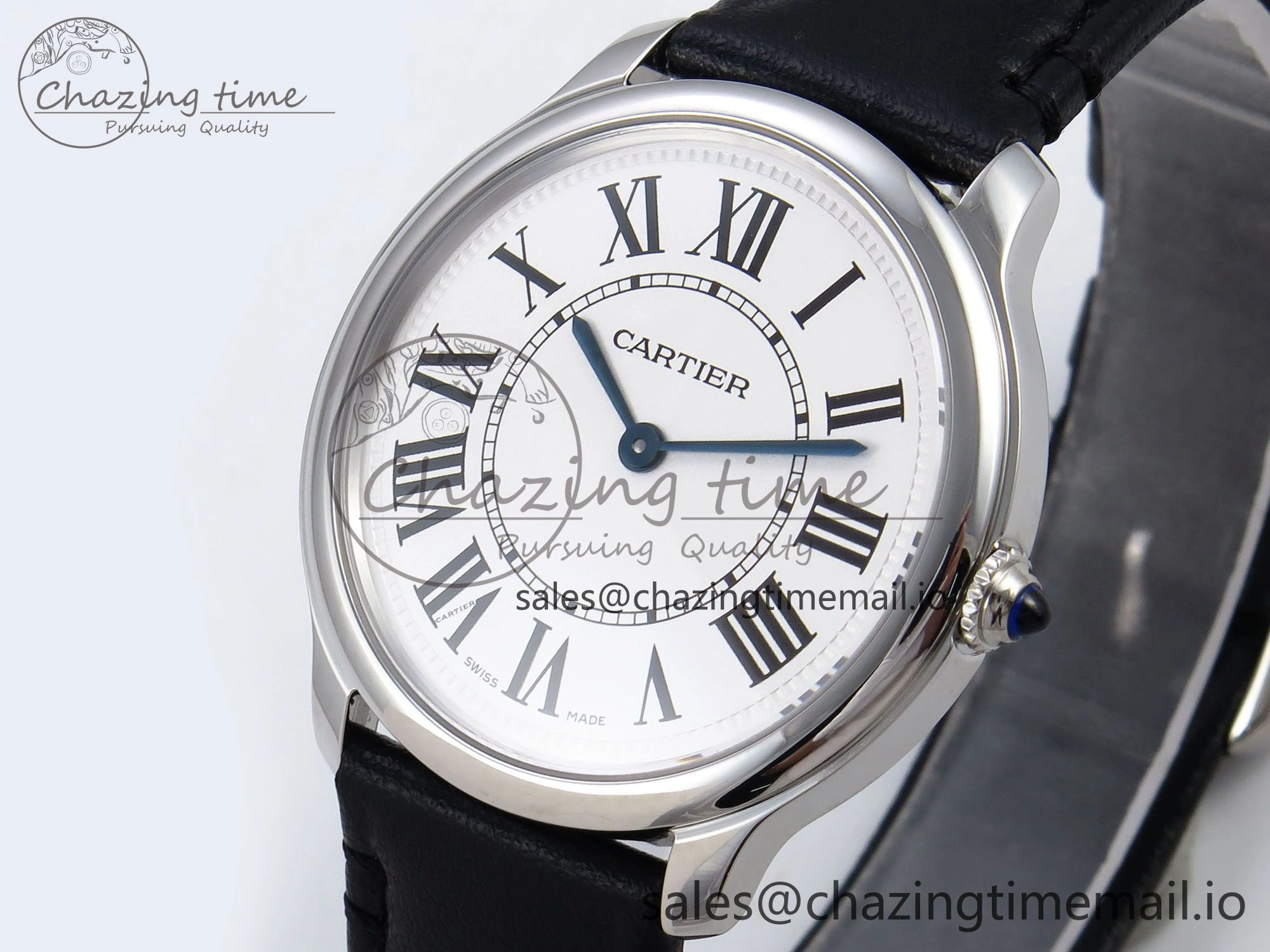 Ronde Must De Cartier 36mm DRF 1:1 Best Edition Sandblasted Silver-Plated White Dial on Black Leather Strap Ronda Quartz