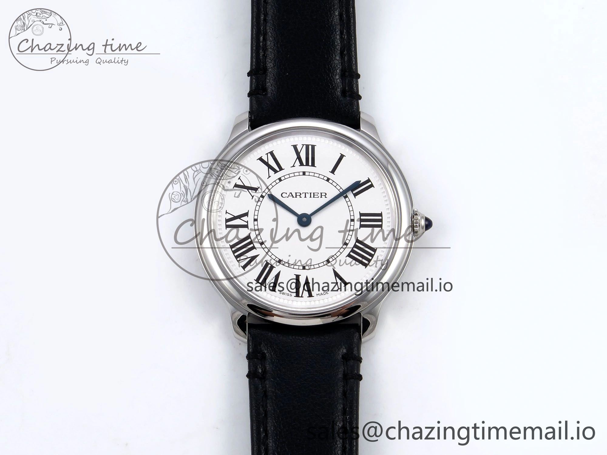 Ronde Must De Cartier 36mm DRF 1:1 Best Edition Sandblasted Silver-Plated White Dial on Black Leather Strap Ronda Quartz