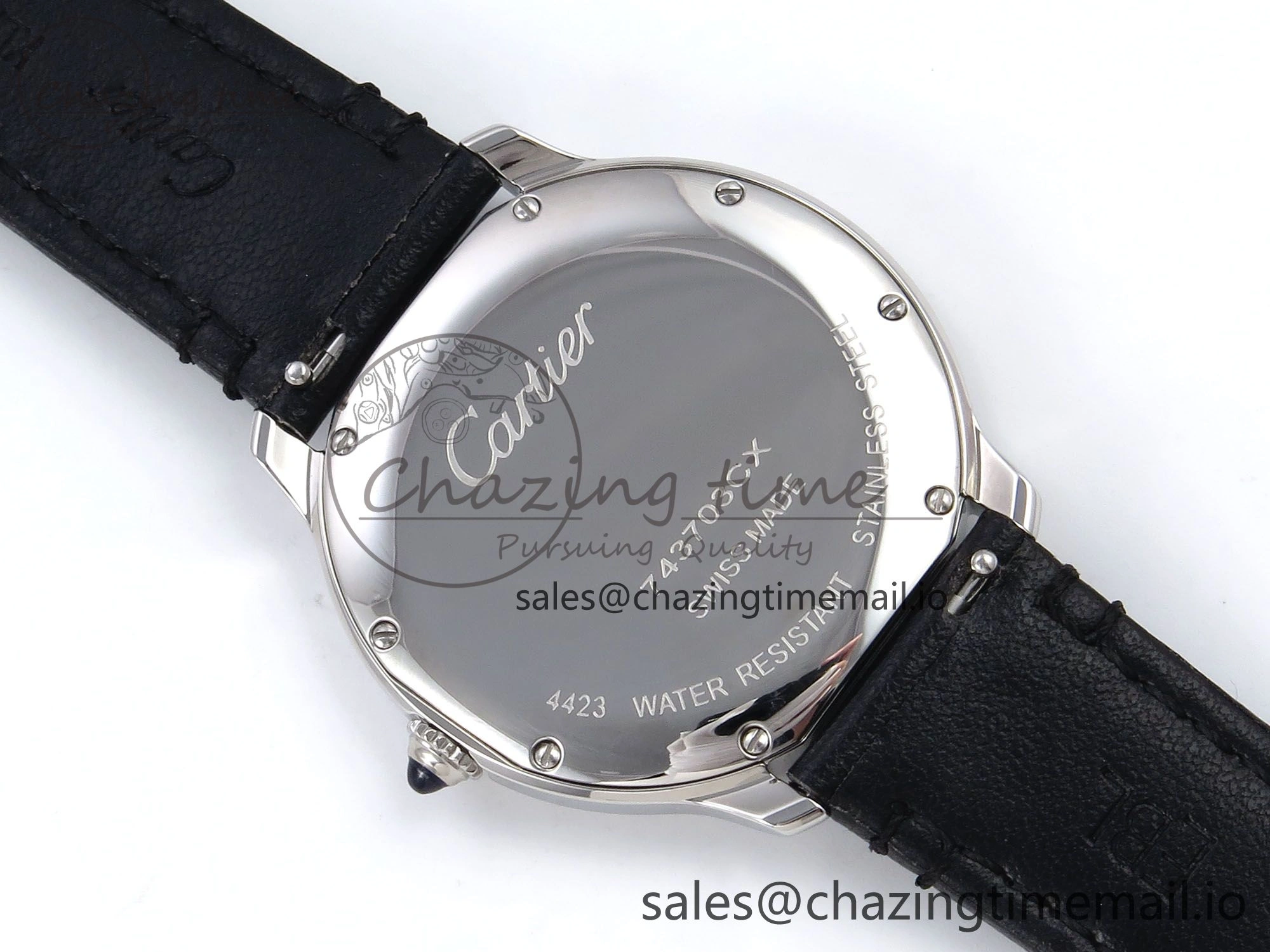 Ronde Must De Cartier 36mm DRF 1:1 Best Edition Sandblasted Silver-Plated White Dial on Black Leather Strap Ronda Quartz