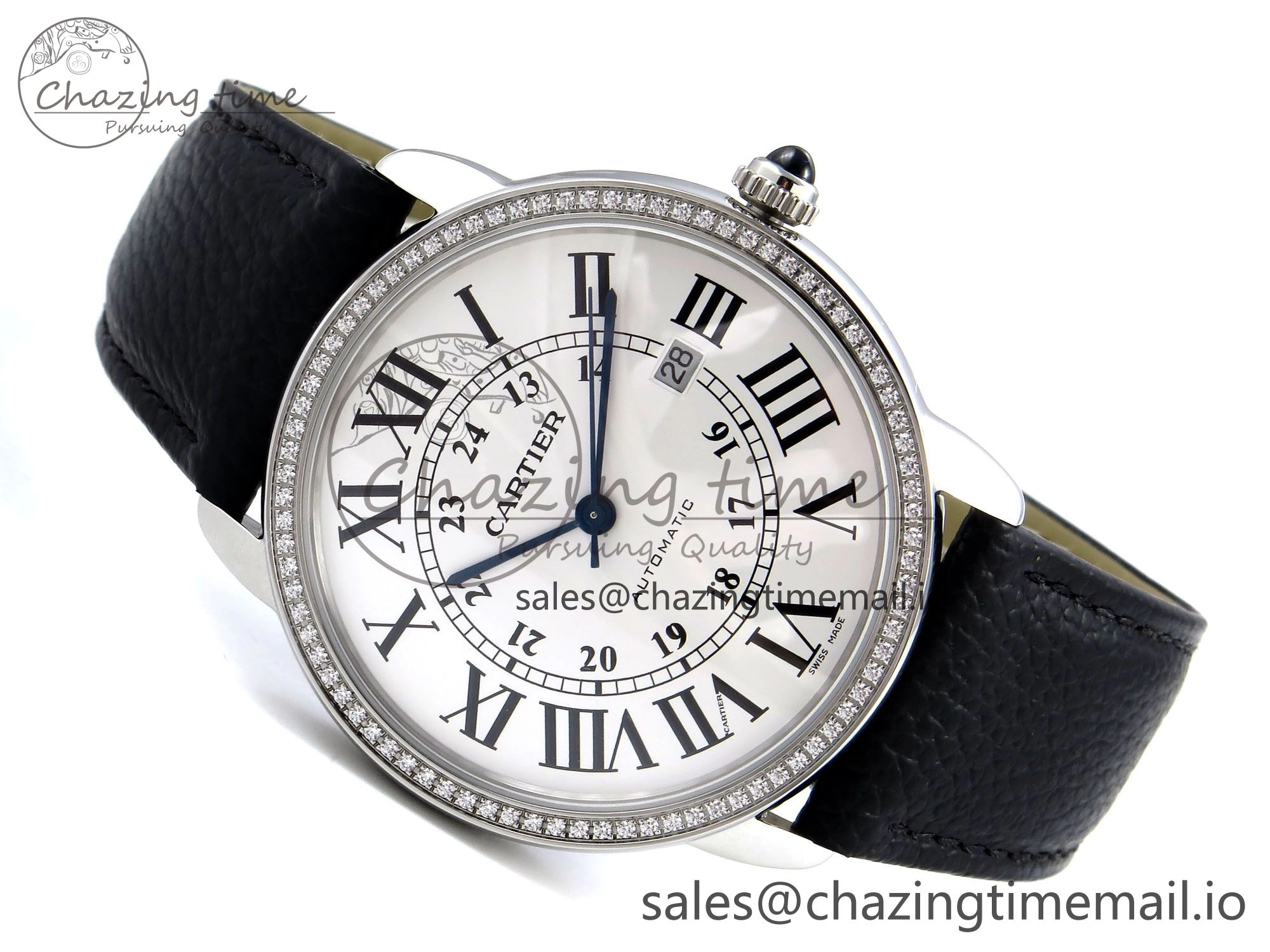 Ronde Solo 42mm SS AF 1:1 Best Edition White Dial Diamonds Bezel on Black Black Strap MIYOTA 9015