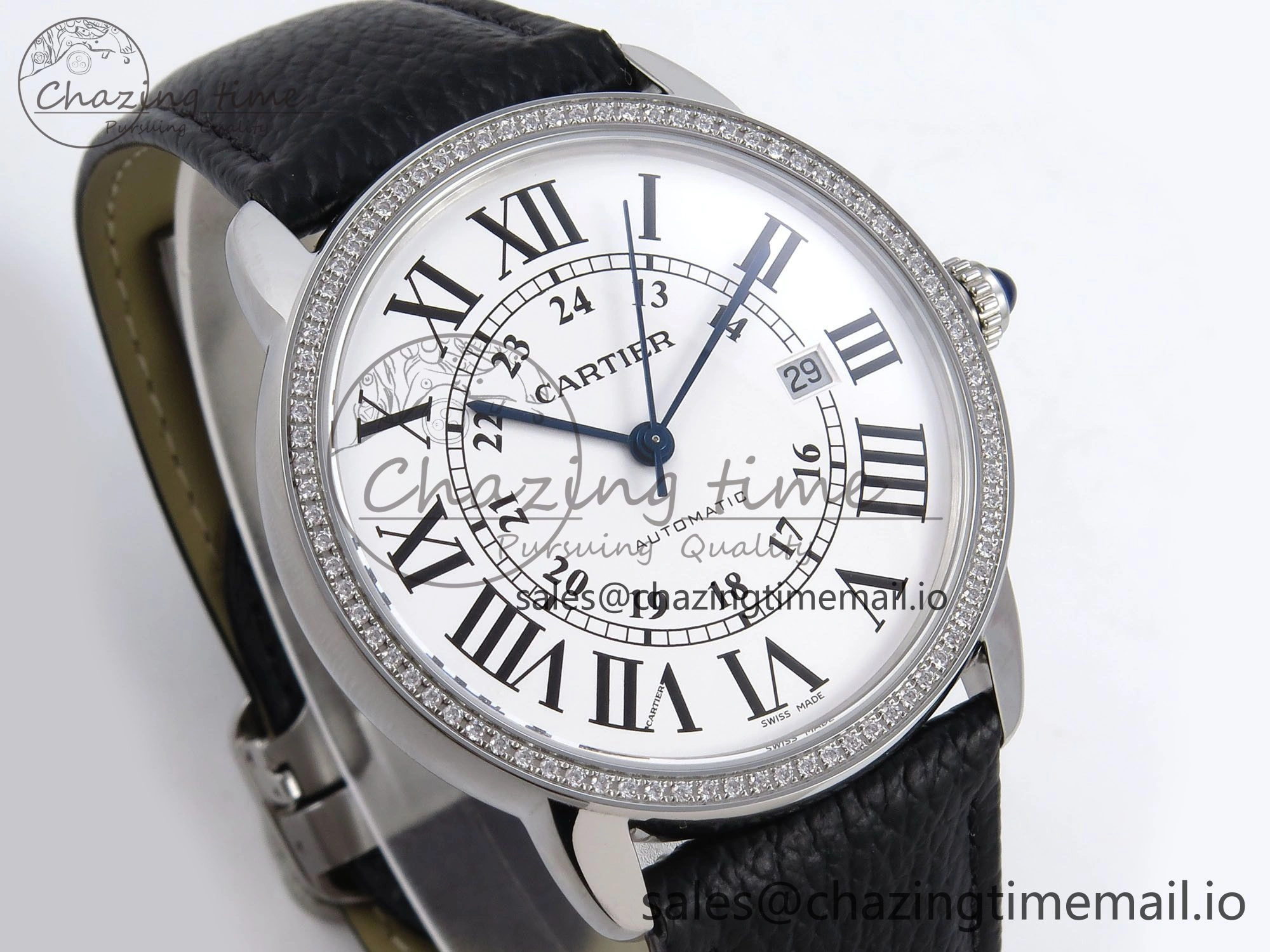 Ronde Solo 42mm SS AF 1:1 Best Edition White Dial Diamonds Bezel on Black Black Strap MIYOTA 9015
