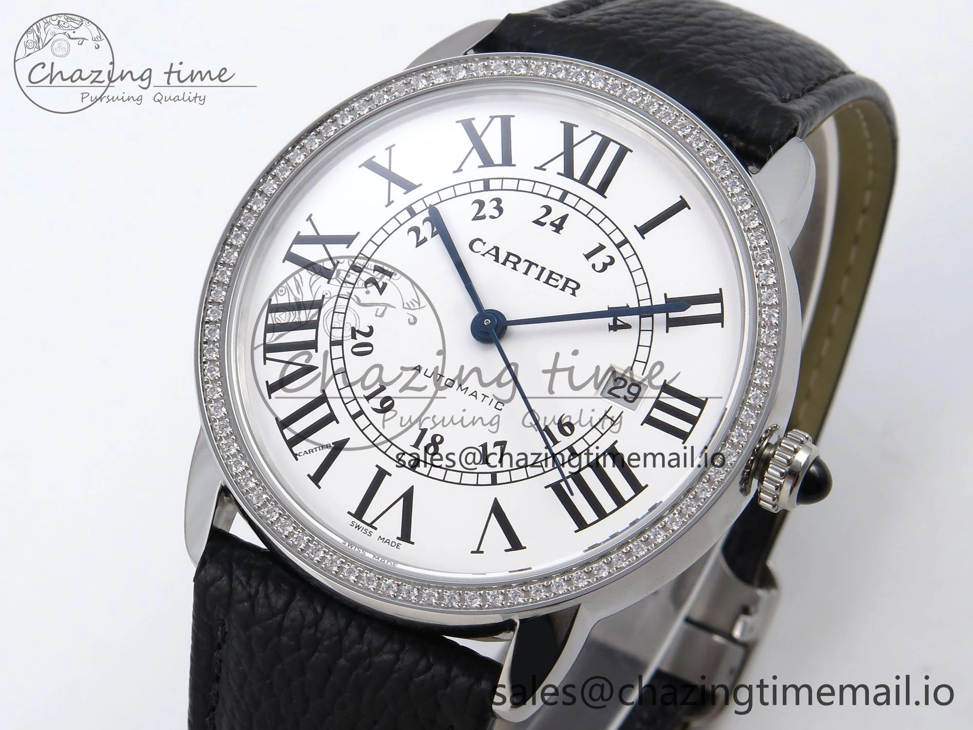 Ronde Solo 42mm SS AF 1:1 Best Edition White Dial Diamonds Bezel on Black Black Strap MIYOTA 9015