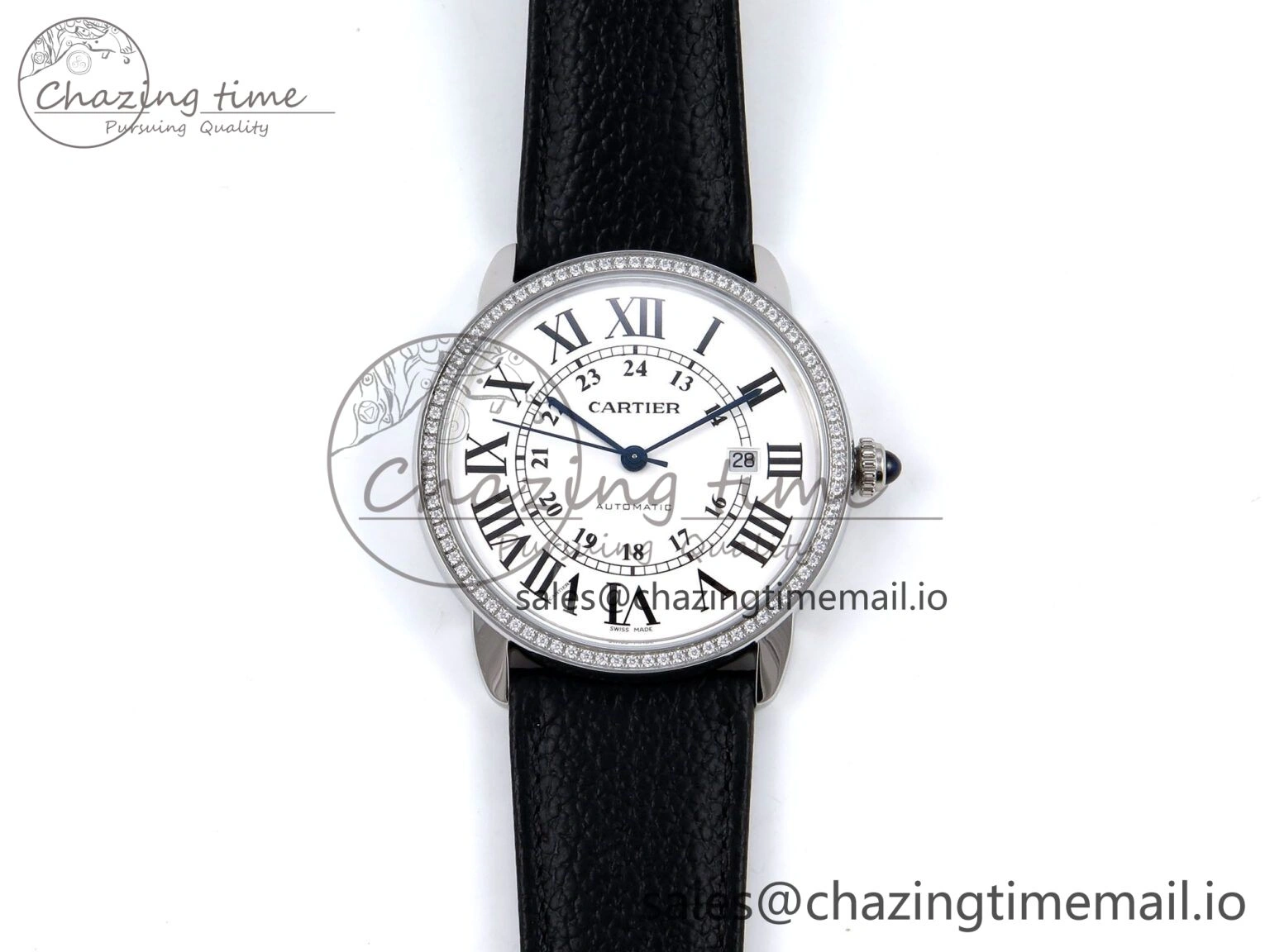 Ronde Solo 42mm SS AF 1:1 Best Edition White Dial Diamonds Bezel on Black Black Strap MIYOTA 9015