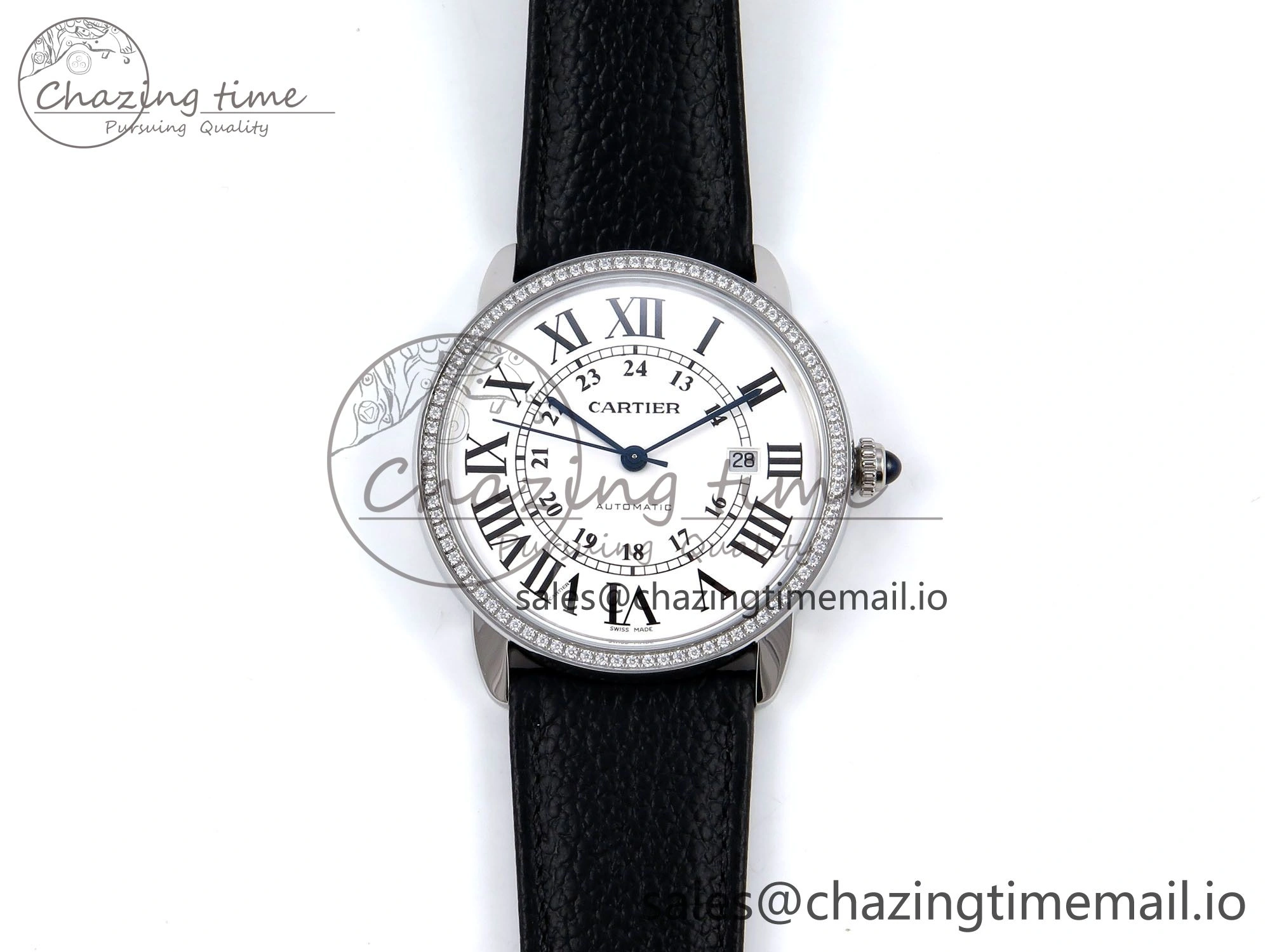 Ronde Solo 42mm SS AF 1:1 Best Edition White Dial Diamonds Bezel on Black Black Strap MIYOTA 9015