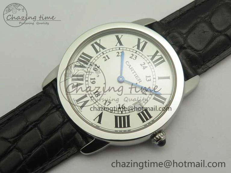 Ronde Solo De Cartier 36mm SS K11 Maker White Dial on Black Crocodile Strap Ronda Quartz