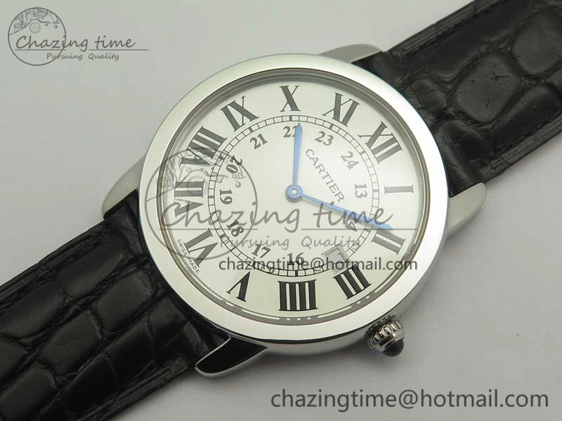 Ronde Solo De Cartier 36mm SS K11 Maker White Dial on Black Crocodile Strap Ronda Quartz