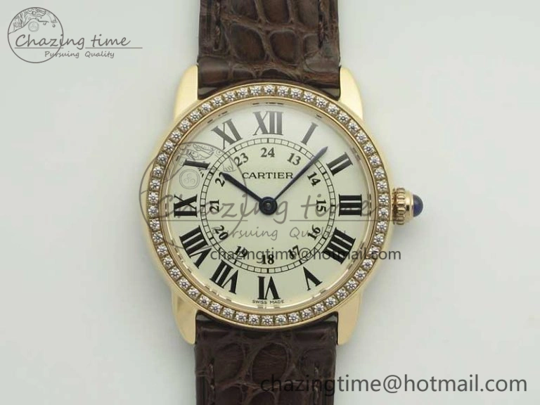 Ronde Solo de Cartier 29.5mm RG Dia K11 1:1 Best Edition White Dial on Brown Croco Leather Strap Ronda Quartz