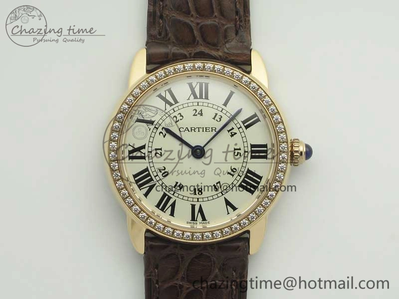 Ronde Solo de Cartier 29.5mm RG Dia K11 1:1 Best Edition White Dial on Brown Croco Leather Strap Ronda Quartz