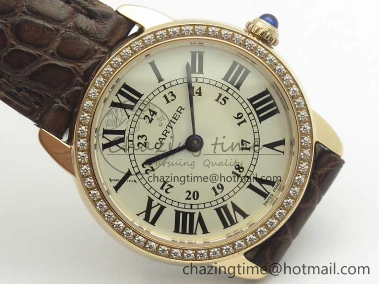 Ronde Solo de Cartier 29.5mm RG Dia K11 1:1 Best Edition White Dial on Brown Croco Leather Strap Ronda Quartz