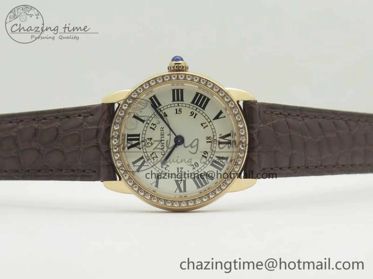 Ronde Solo de Cartier 29.5mm RG Dia K11 1:1 Best Edition White Dial on Brown Croco Leather Strap Ronda Quartz