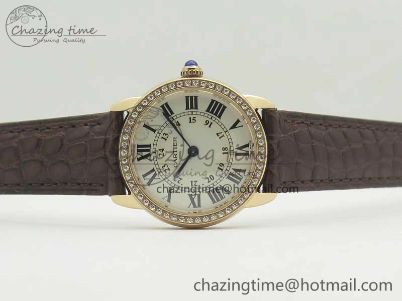 Ronde Solo de Cartier 29.5mm RG Dia K11 1:1 Best Edition White Dial on Brown Croco Leather Strap Ronda Quartz