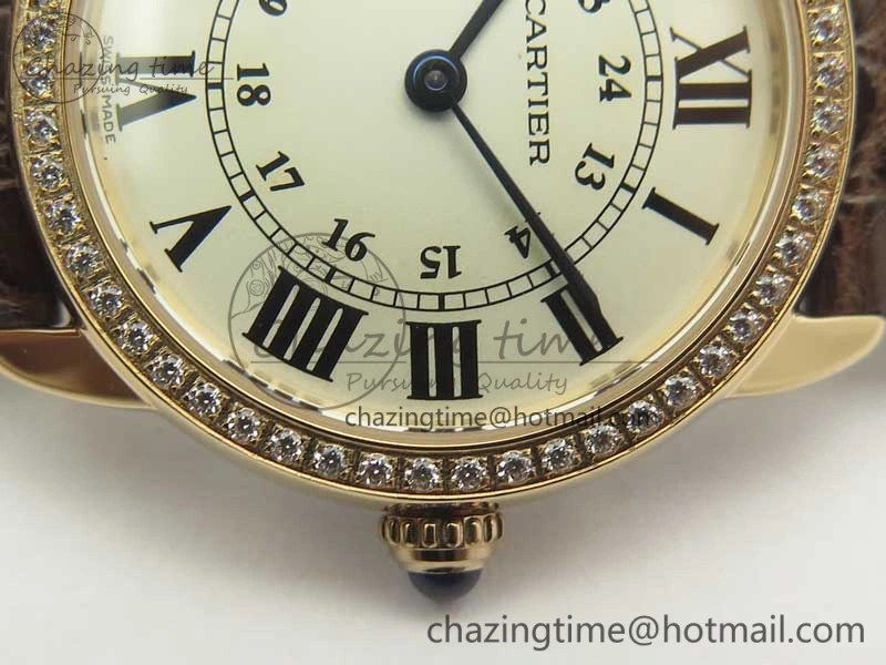 Ronde Solo de Cartier 29.5mm RG Dia K11 1:1 Best Edition White Dial on Brown Croco Leather Strap Ronda Quartz