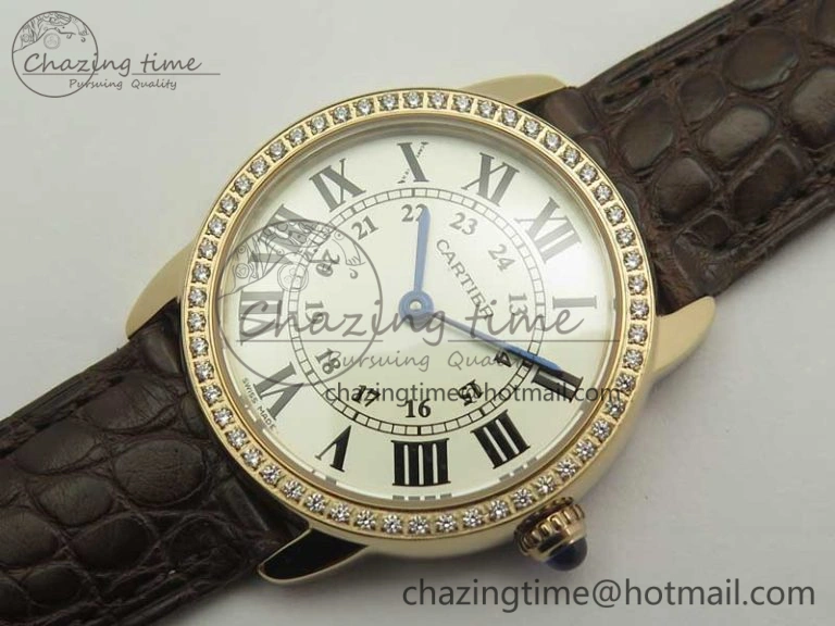 Ronde Solo de Cartier 29.5mm RG Dia K11 1:1 Best Edition White Dial on Brown Croco Leather Strap Ronda Quartz