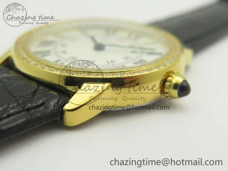Ronde Solo de Cartier 29.5mm YG Dia K11 1:1 Best Edition White Dial on Black Croco Leather Strap Ronda Quartz