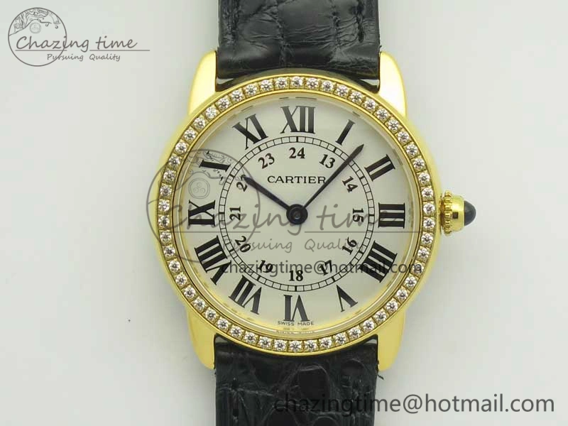 Ronde Solo de Cartier 29.5mm YG Dia K11 1:1 Best Edition White Dial on Black Croco Leather Strap Ronda Quartz
