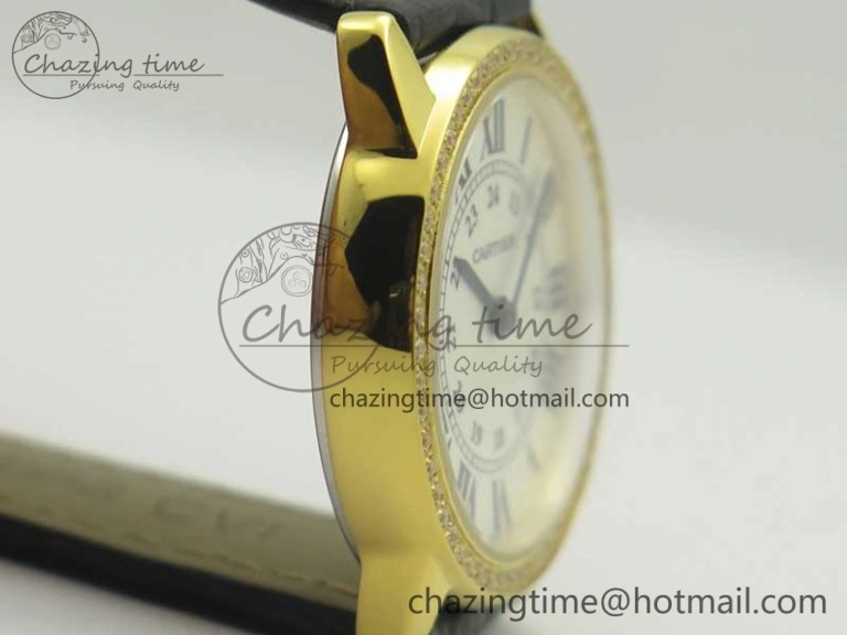 Ronde Solo de Cartier 29.5mm YG Dia K11 1:1 Best Edition White Dial on Black Croco Leather Strap Ronda Quartz