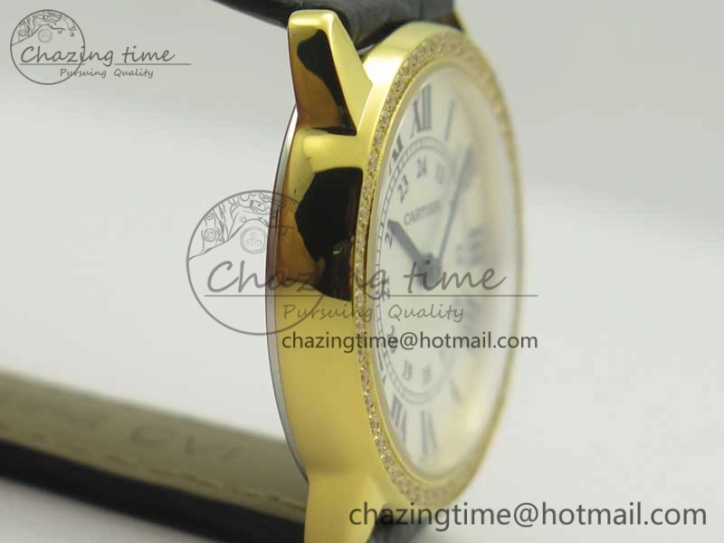 Ronde Solo de Cartier 29.5mm YG Dia K11 1:1 Best Edition White Dial on Black Croco Leather Strap Ronda Quartz