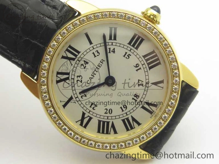 Ronde Solo de Cartier 29.5mm YG Dia K11 1:1 Best Edition White Dial on Black Croco Leather Strap Ronda Quartz