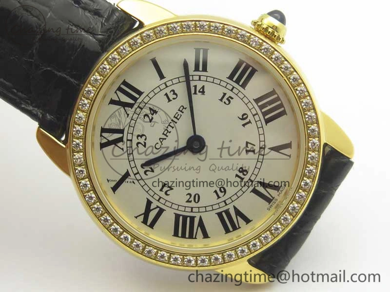 Ronde Solo de Cartier 29.5mm YG Dia K11 1:1 Best Edition White Dial on Black Croco Leather Strap Ronda Quartz