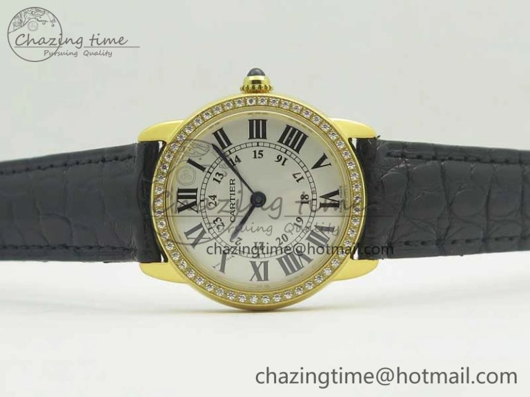Ronde Solo de Cartier 29.5mm YG Dia K11 1:1 Best Edition White Dial on Black Croco Leather Strap Ronda Quartz