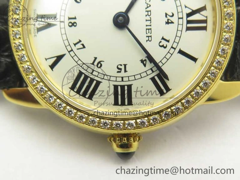 Ronde Solo de Cartier 29.5mm YG Dia K11 1:1 Best Edition White Dial on Black Croco Leather Strap Ronda Quartz