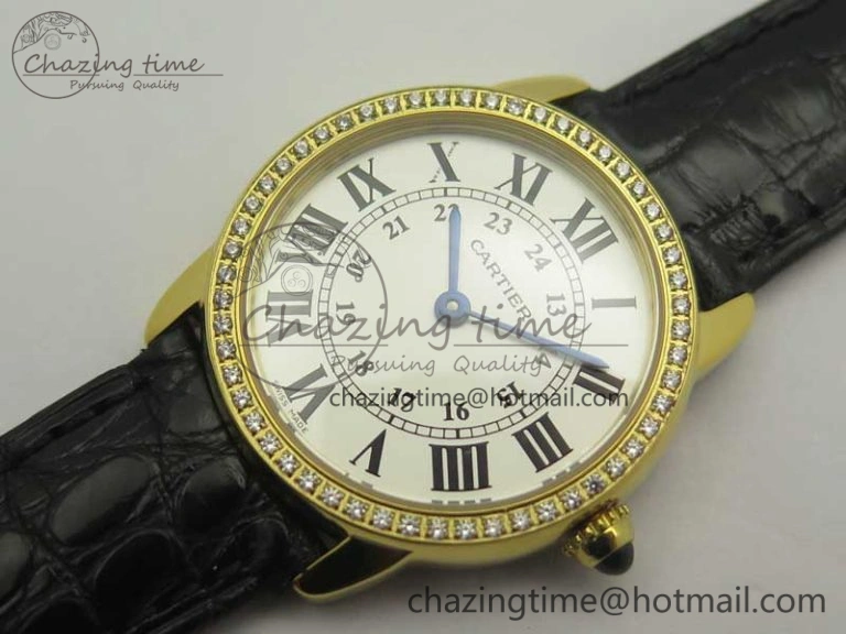 Ronde Solo de Cartier 29.5mm YG Dia K11 1:1 Best Edition White Dial on Black Croco Leather Strap Ronda Quartz