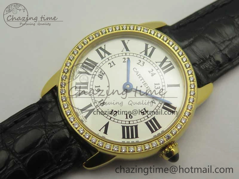 Ronde Solo de Cartier 29.5mm YG Dia K11 1:1 Best Edition White Dial on Black Croco Leather Strap Ronda Quartz