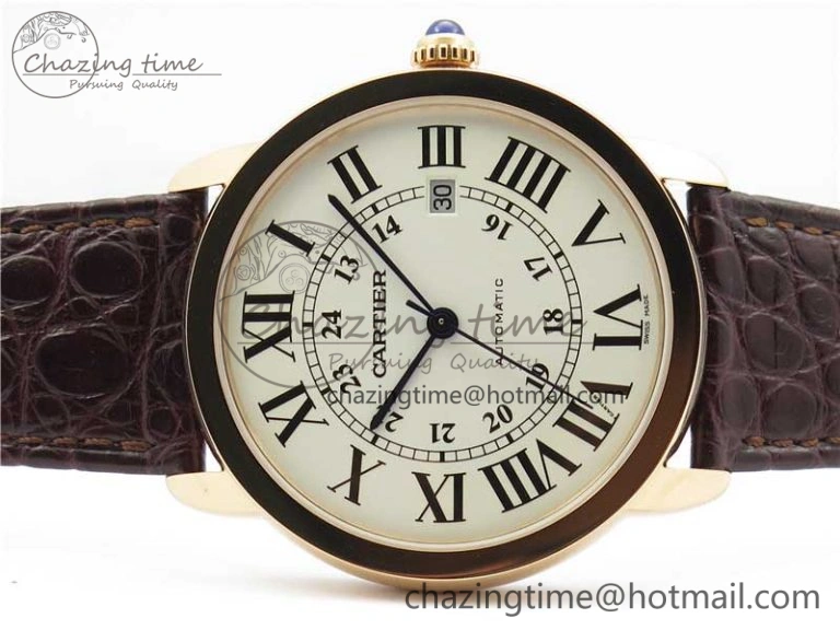 Ronde Solo de Cartier 42mm RG AF 1:1 Best Edition White Dial on Brown Croco Leather Strap MIYOTA 9015