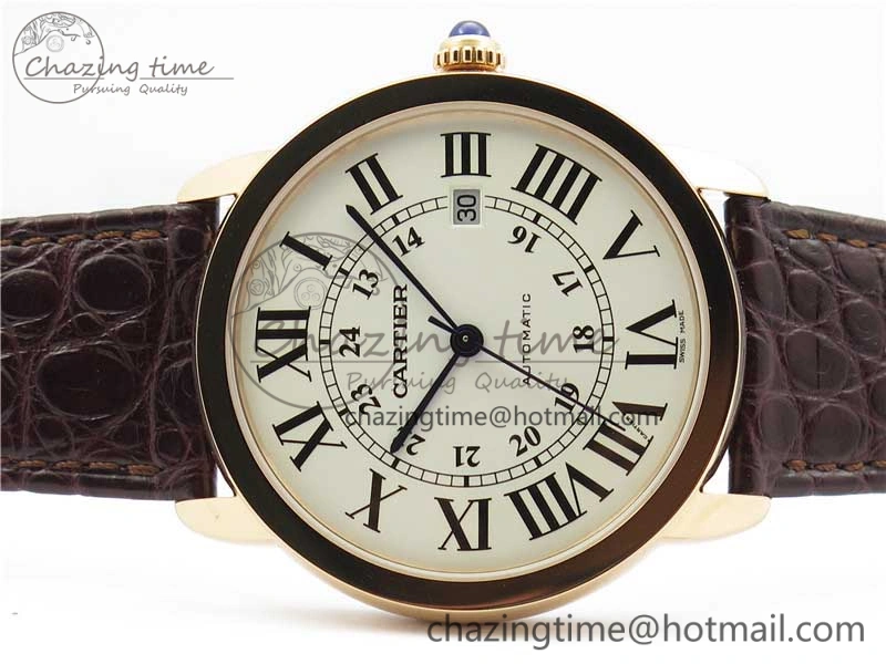 Ronde Solo de Cartier 42mm RG AF 1:1 Best Edition White Dial on Brown Croco Leather Strap MIYOTA 9015