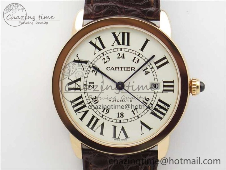Ronde Solo de Cartier 42mm RG AF 1:1 Best Edition White Dial on Brown Croco Leather Strap MIYOTA 9015