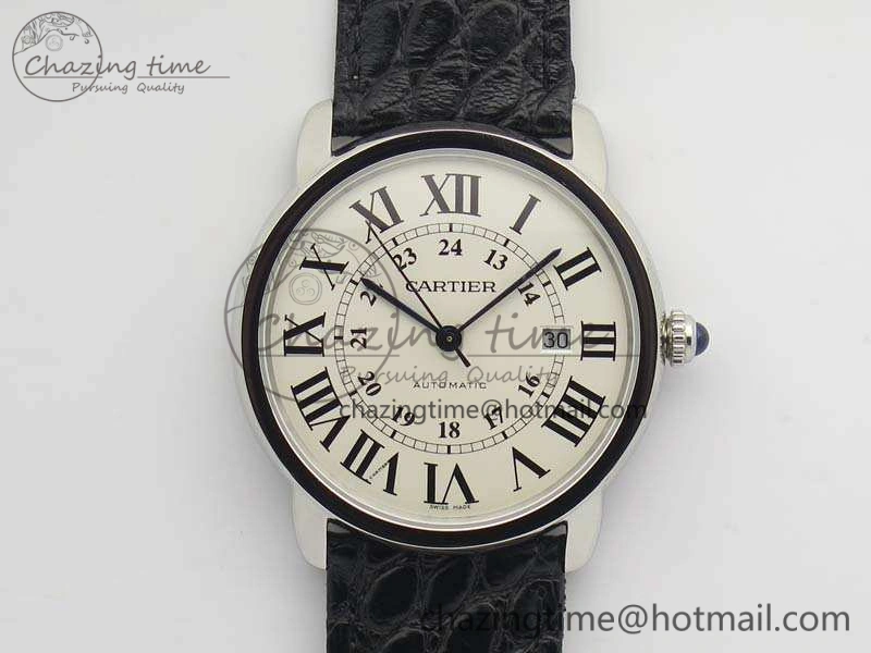Ronde Solo de Cartier 42mm ZF 1:1 Best Edition White Dial On Black Leather Strap MIYOTA 9015
