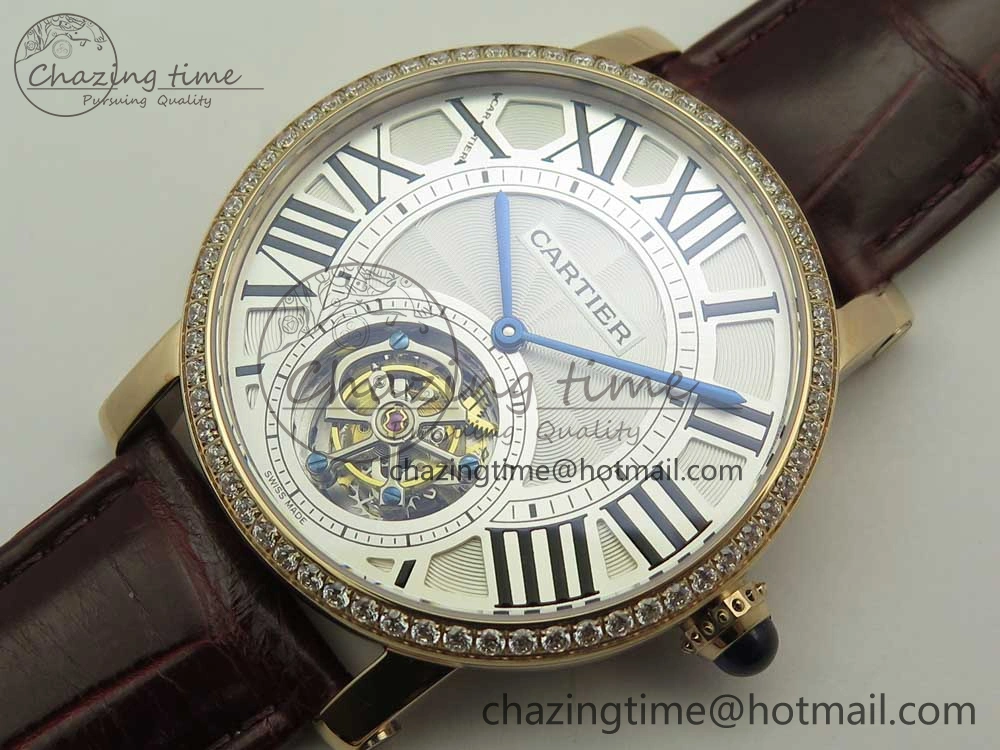 Rotonde Flying Tourbillon RG BLF Best Edition White Dial Diamonds Bezel on Brown Leather Strap V2