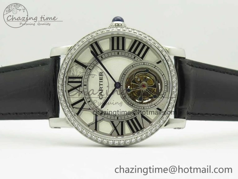 Rotonde Flying Tourbillon SS BLF Best Edition White Dial Diamonds Bezel on Black Leather Strap V2