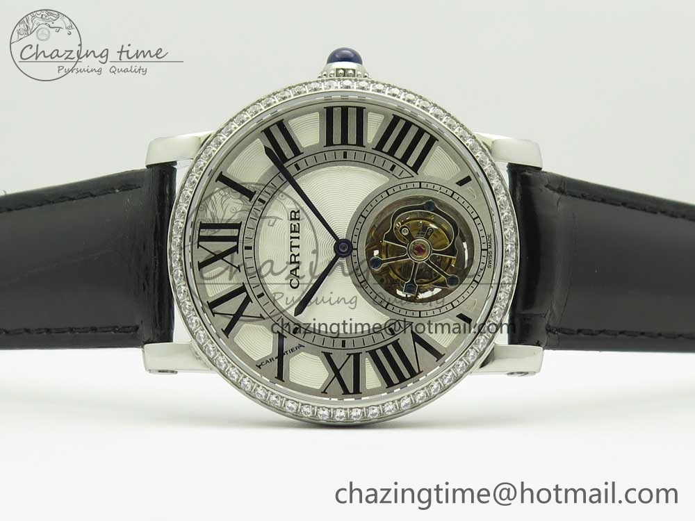 Rotonde Flying Tourbillon SS BLF Best Edition White Dial Diamonds Bezel on Black Leather Strap V2